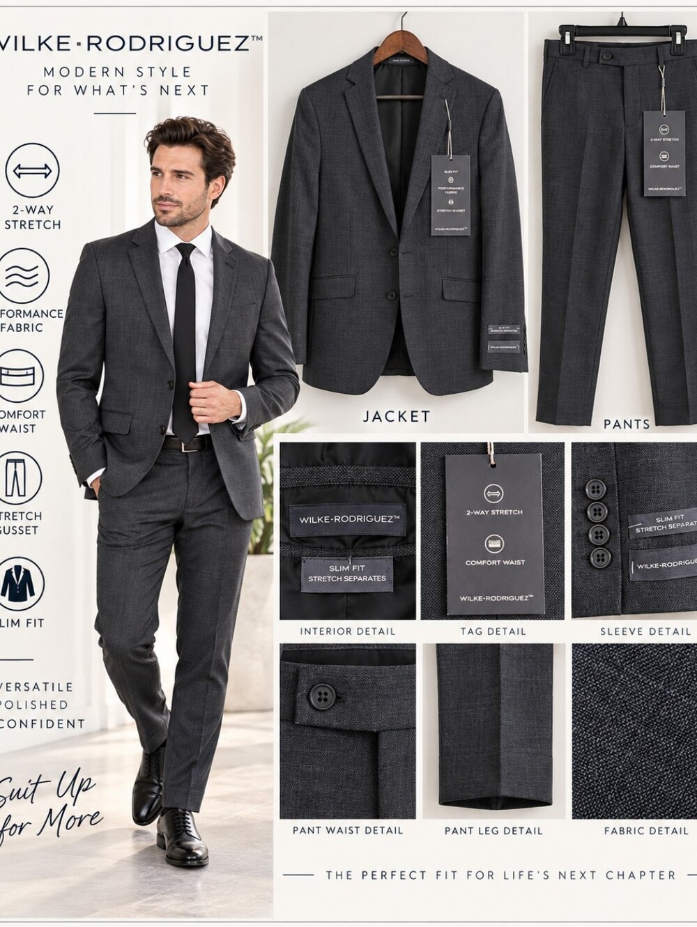 NWT Wilke Rodriguez Men’s Slim Fit Charcoal Stretch Suit 36R Jacket 29x32 Pants